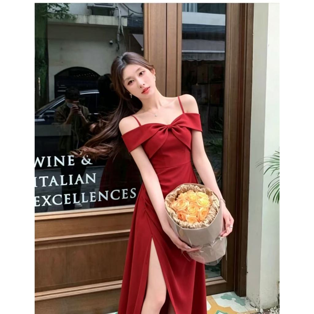 สีแดงสด สายเดี่ยว โบว์ ใส่งานเลี้ยง ชุดเดรส ผ่าข้างสูง ชุดเจ้าสาว รัดเอว ใส่แล้วดูผอมสูง พร้อมส่ง
