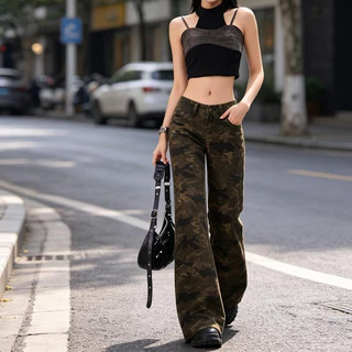 Aurae 👖🟤🌿กางเกงยีนส์ขาบานเอวสูงสายพรางวินเทจ ผ้าเรียบเนียนรัดรูป ยาวคลุมข้อเท้า