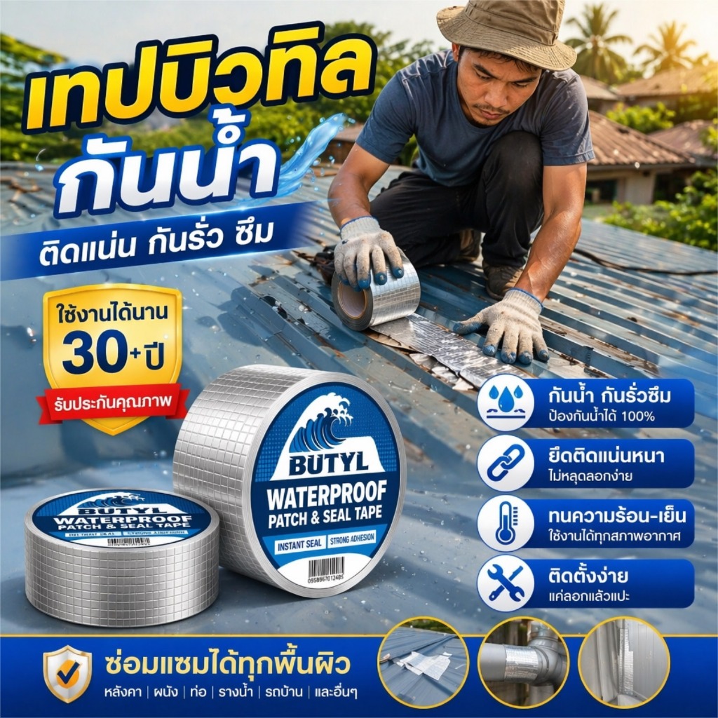 【สินค้าขายดี】เทปกาวกันน้ำ เทปบิวทิล เทปอลูมิเนียม เทปกาวกันรั่ว กันรั่ว หลังคารั่ว เทปติดหลังคากันรั่ว เทปกาวสำเร็จรูป