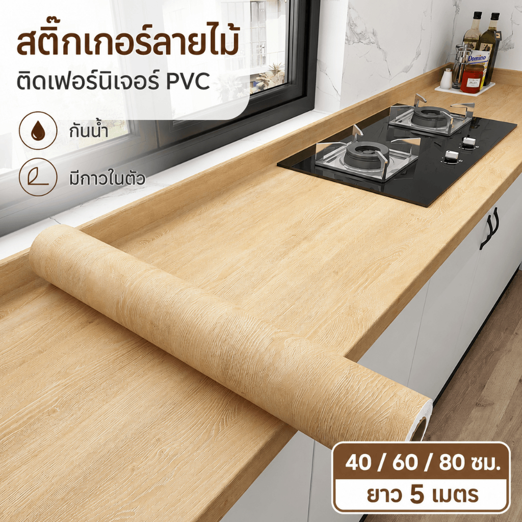 สติกเกอร์ลายไม้ มีกาวในตัว วอลเปเปอร์ติดเฟอร์นิเจอร์ กันน้ำ หน้ากว้าง 40/60/80 ซม. ยาว 5 เมตร สำหรับโต๊ะ ตู้ และประตู