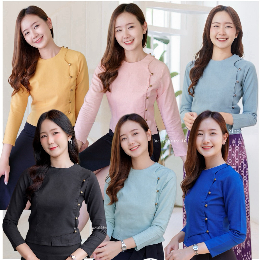 เสื้อผ้าฝ้ายรุ่นคอกลมป้ายแขนยาว อก34-44“