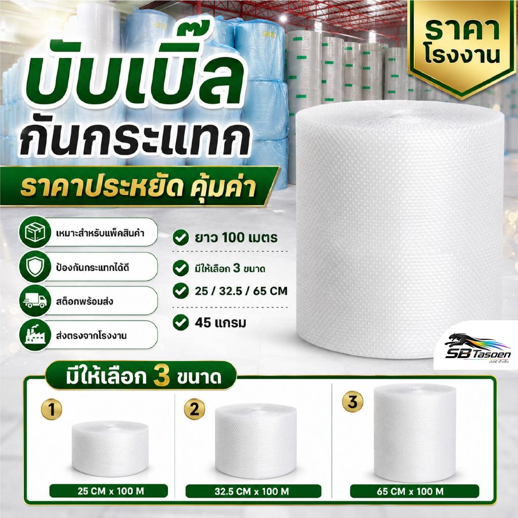 บับเบิ้ลกันกระแทก SB Tasoen ยาว 100 เมตร หนา 45 แกรม สำหรับแพ็คสินค้า ราคาถูก พร้อมส่ง