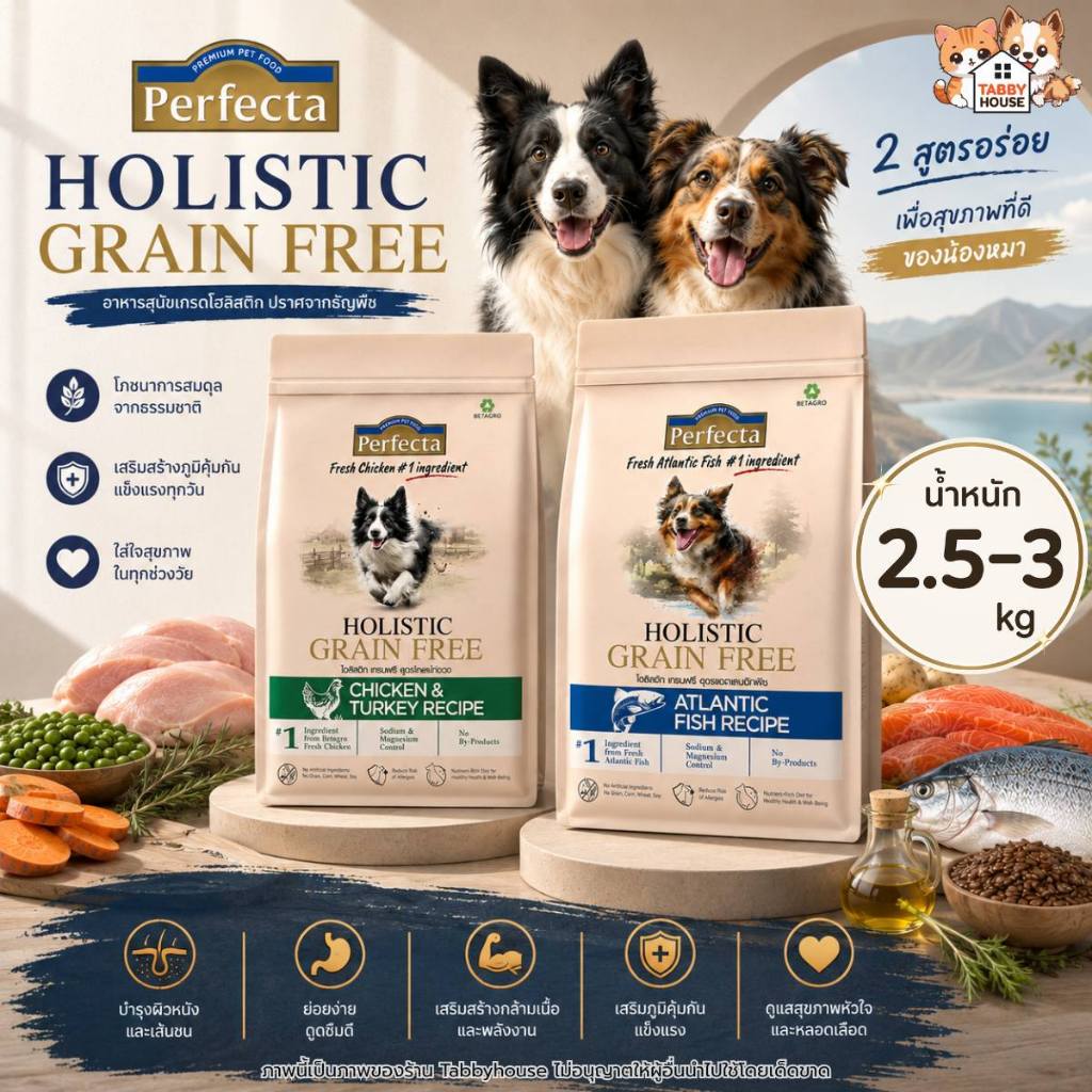 【2.5-3kg】Perfecta Holistic Grain Free อาหารสุนัข สูตรไก่และไก่งวง ปลาแอตแลนติก Atlantic Fish Premium
