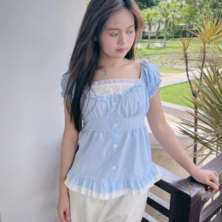 Monie studio | Sweet Meadow Ribbon Set เสื้อแฟชั่นผู้หญิง ลายตารางพาสเทล เสื้อแขนพอง แต่งระบาย โบว์หน้าอก