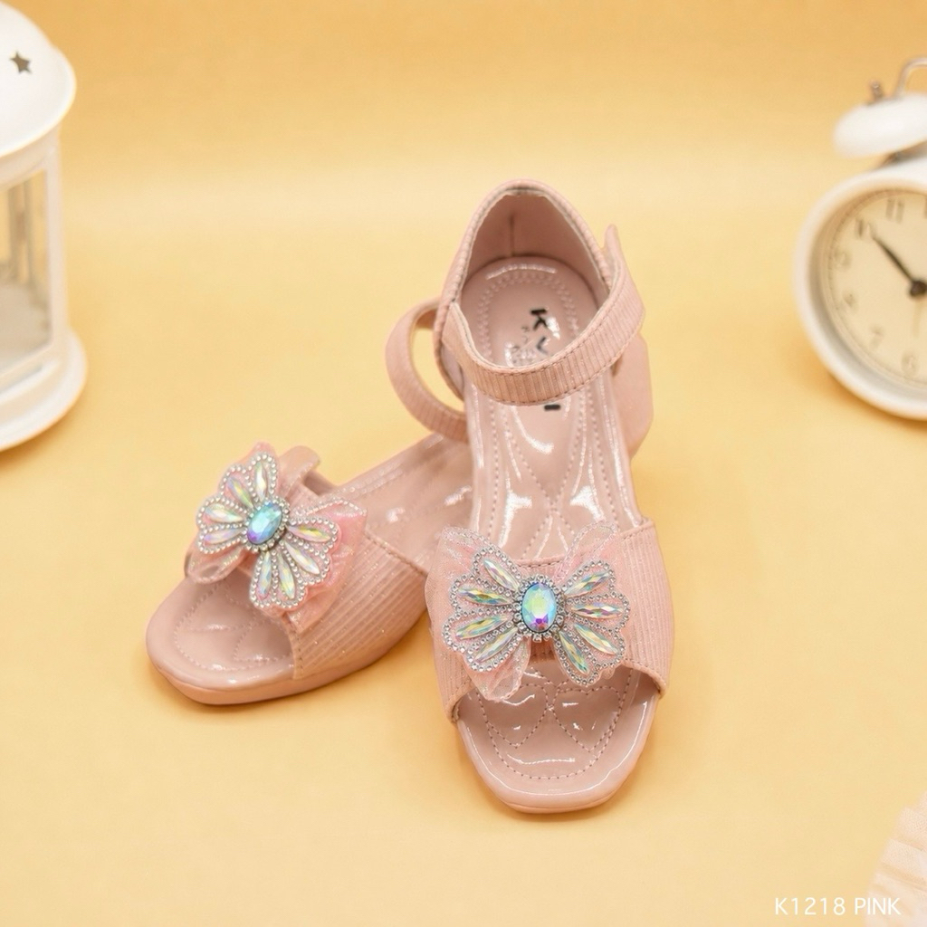 รองเท้ารัดส้นเด็กผู้หญิง เปิดหน้า รุ่น K1218 โบว์คริสตัล ส้นเงิน สีชมพู, ครีม ไซส์ 31–36