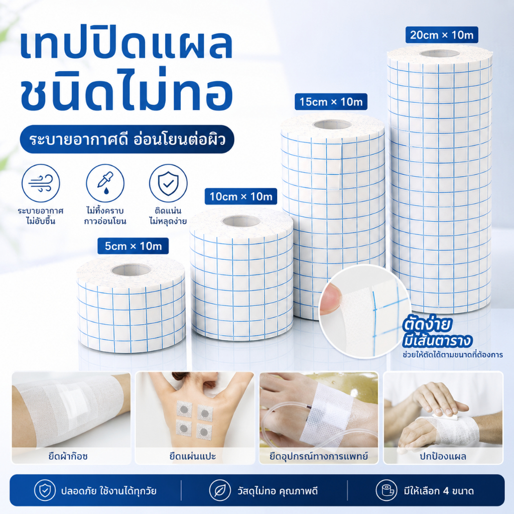 LEO-T 1 ม้วน เทปกาวกันน้ำปิดแผล เทปตรึงทางการแพทย์ ผ้าพันแผล 4 ขนาด