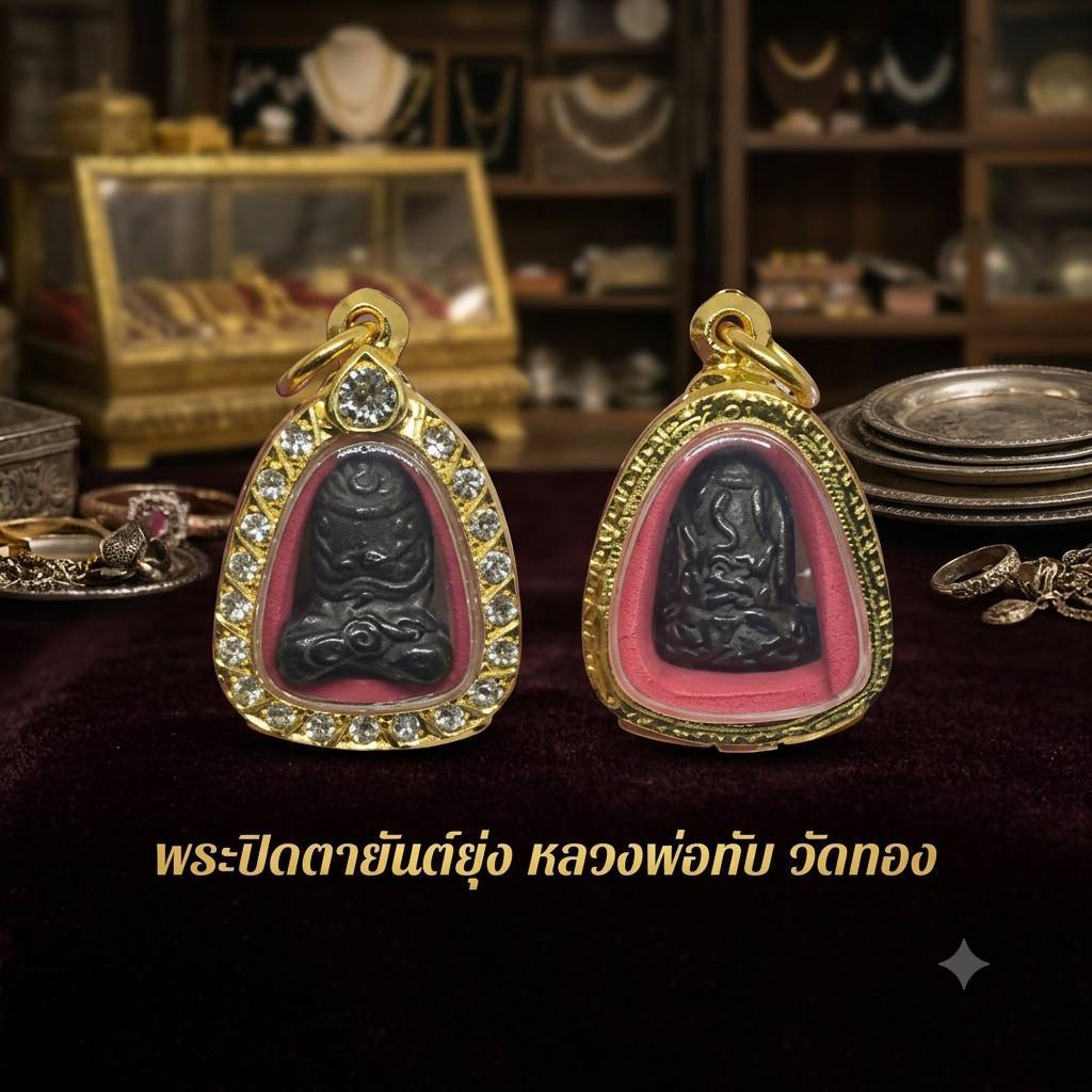 จี้พระปิดตายันต์ยุ่ง หลวงพ่อทับ วัดทอง เนื้อเมฆพัตร พร้อมตลับทองไมครอนฝังพลอย