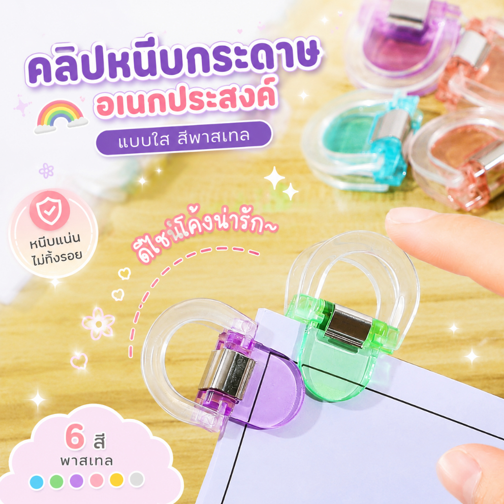 คลิปหนีบกระดาษ อเนกประสงค์แบบใส คลิปจิ๋ว สีพาสเทลสุดคิ้วท์ (หนีบแน่น ถนอมกระดาษ ไม่ทิ้งรอย!)