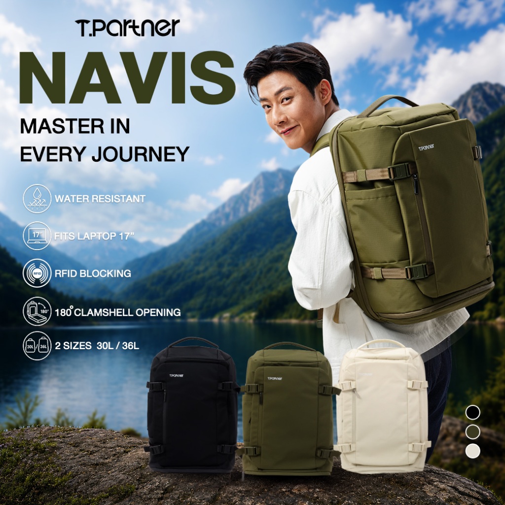 Carry On Backpack | Tpartner Navis กระเป๋าเป้เดินทาง เปิดกว้าง 180° 18 ช่องจัดเก็บ ใส่ Notebook 17 นิ้ว กันน้ำ 30L/36L
