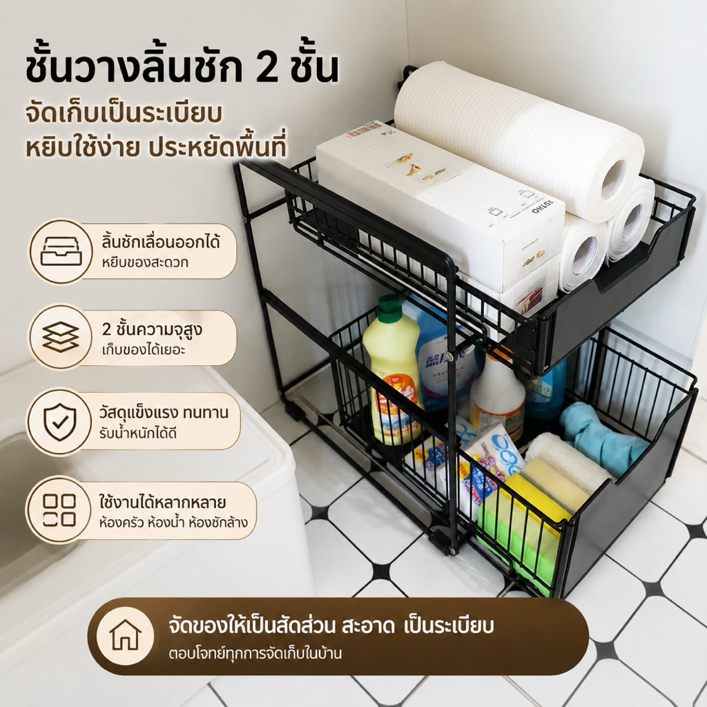 ชั้นวางของแบบเลื่อน2ชั้น ชั้นเก็บของ แข็งแรง ทนทาน จัดเก็บเป็นระเบียบ หยิบใช้ง่าย ประหยัดพื้นที่