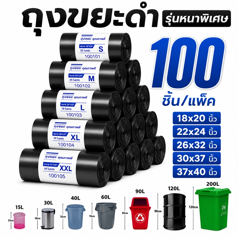 ถุงขยะ ใบหนา 100 ใบ  24x28  ถุงดำ แบบม้วน เหนียว กันน้ำ สำหรับถังขยะ ยกโหล ขายส่ง ได้มาตรฐาน พร้อมส่งจากไทย