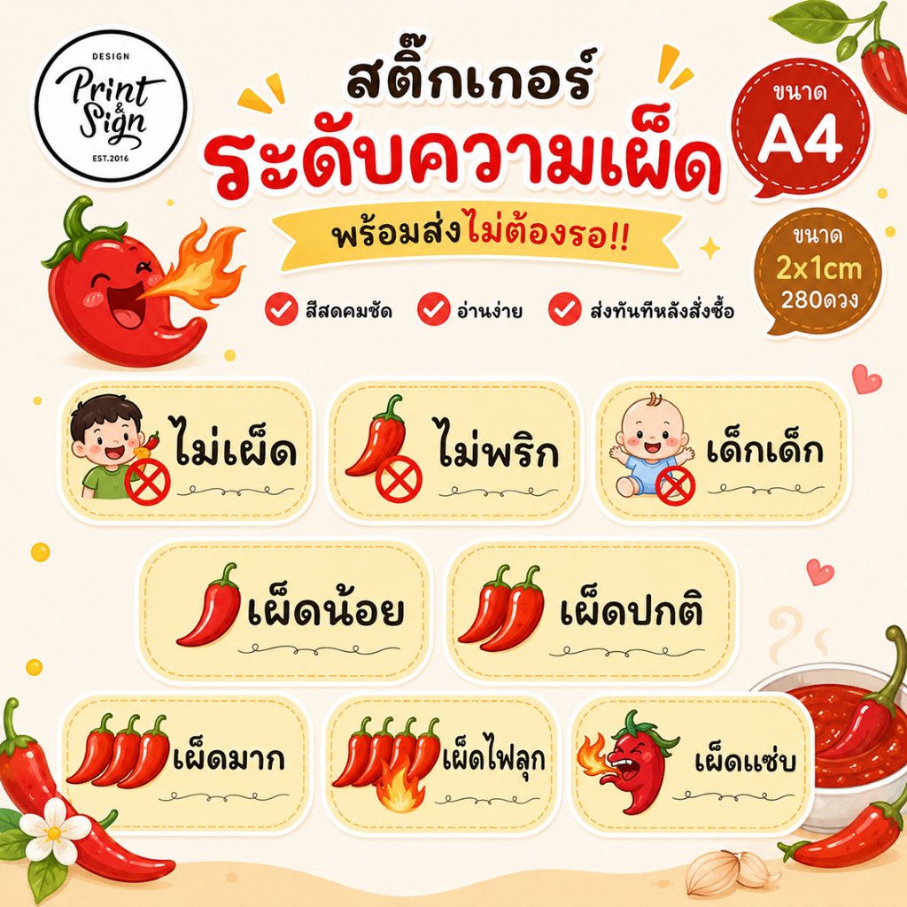 (สินค้าพร้อมส่ง)สติ๊กเกอร์กระดาษ ระดับความเผ็ด ขนาด 2x1cm กันน้ำ 80% เผ็ดมาก เผ็ดน้อย เผ็ด ไม่เผ็ด