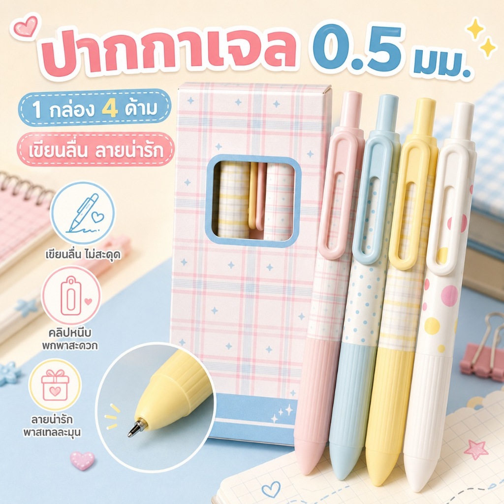 KiKi ปากกาเจล 0.5 มม. ลายน่ารัก กล่อง 4 ด้าม หมึกเขียนลื่น สีพาสเทล สำหรับนักเรียน