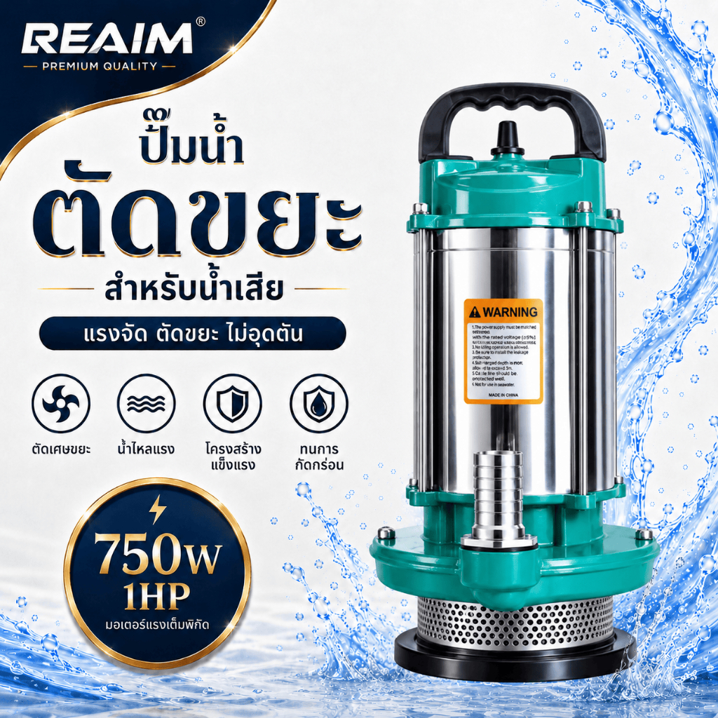 REAIM ปั๊มแช่ดูดโคลน 1นิ้ว ปั๊มน้ำ 750W 1HP ปั้มดูดโคลน เครื่องสูบน้ำ มอเตอร์ทองแดงแท้ ปั๊มแช่ไฟฟ้า