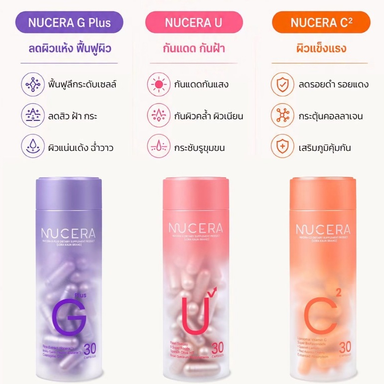 วิตามินผิว Nucera G Plus / Nucera U / Nucera C² | ฟื้นฟูผิว ลด ฝ้า กระ สิว รอยแดง ปกป้องผิว กันแดด