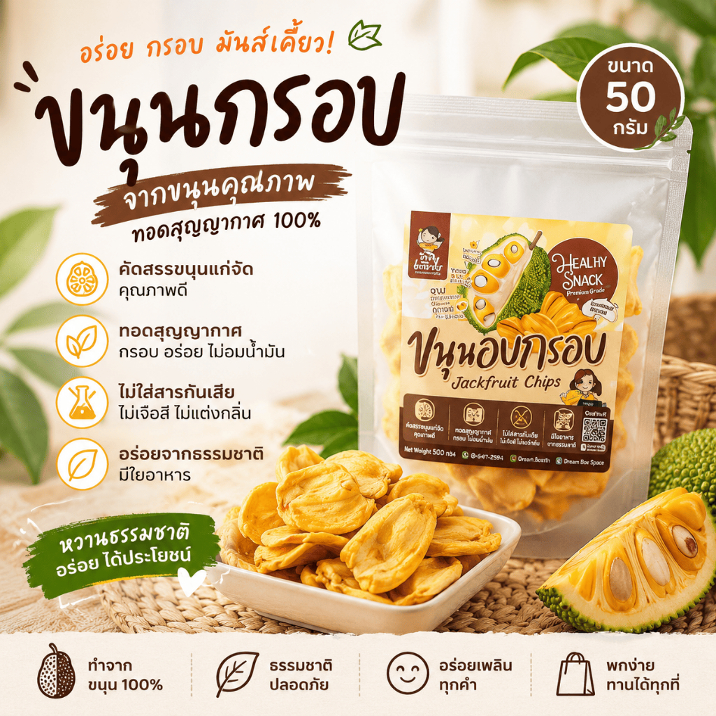 ขนุนอบกรอบ 50 กรัม เกรด AAA สุขเสวยขนุนอบกรอบคุณภาพดี กรอบอร่อยรสหวานจากธรรมชาติ100%