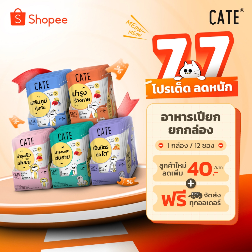 (ยกโหลประหยัดกว่า) CATE Wet Food เคท อาหารเปียกแมว 5 สูตร บำรุงร่างกาย ไม่เติมเกลือ ไม่ทำร้ายไต (1 กล่อง 12 ซอง)
