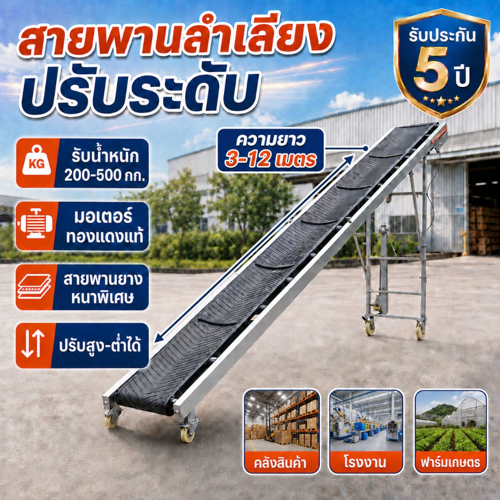 conveyor สายพานลำเลียงพับได้ 220V ปรับระดับความสูงได้ ใช้ขนส่งสินค้า กระสอบ พัสดุ รับน้ำหนักสูงสุด 600kg