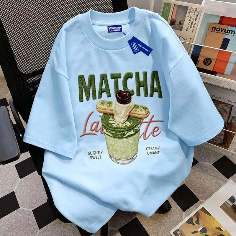 เสื้อยืดผู้ชาย เสื้อยืดโอเวอร์ไซส์ผู้หญิง เสื้อยืดสีฟ้าอ่อน Matcha Latte นิตติ้ง สไตล์Cute ฤดูร้อน 6.30