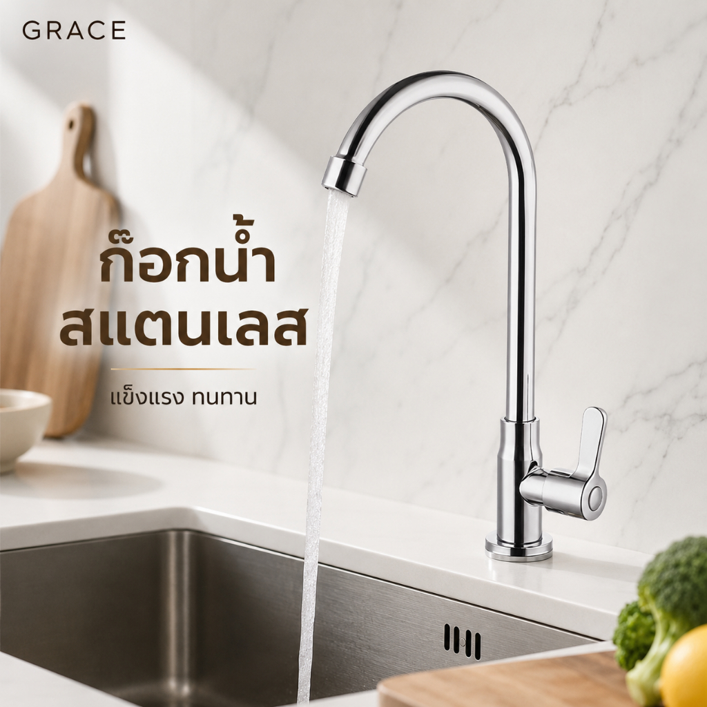 Grace ก็อกน้ำสำหรับซิงค์ล้างจาน สแตนเลสคุณภาพดี ติดตั้งสะดวก หมุนปรับทิศทางได้อิสระ