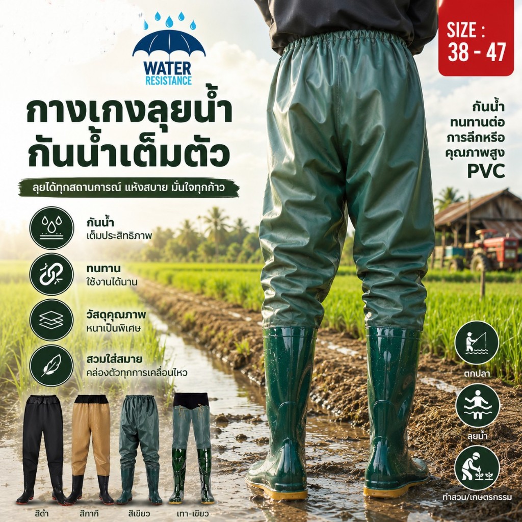 กางเกงลุยน้ำกันลื่นพร้อมรองเท้าบูท | กางเกงกันน้ำสำหรับงานหนัก สำหรับการตกปลา การทำฟาร์ม และงานน้ำท่วม