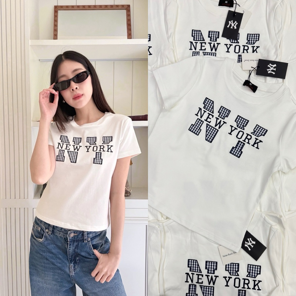 NY Newyork Aus baby tee 🖤🩷  เสื้อยืดคอกลมแขนสั้นทรงเบบี้ที งานปักลายใหม่น่ารักมาก