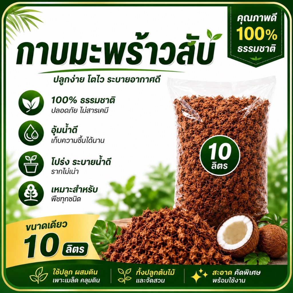 กาบมะพร้าวสับ ขนาด 10 ลิตร  ใช้เป็นวัสดุปลูกต้นไม้ ช่วยให้พืชเจริญเติบโด