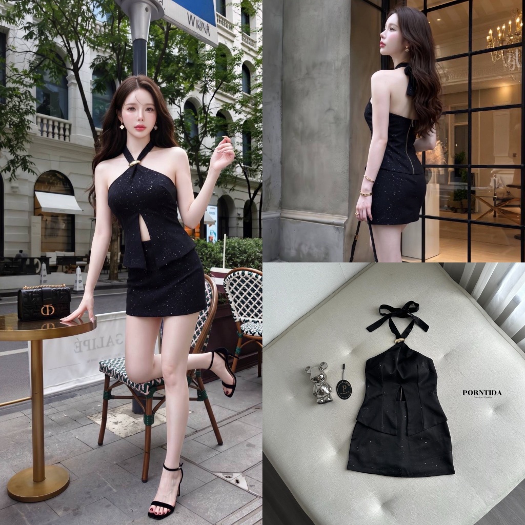 PORNTIDA Setเสื้อผูกคอ กระโปรงสีดำมีซับกางเกง