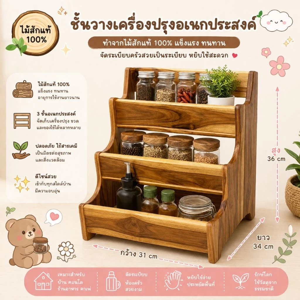 ชั้นวางเครื่องปรุง ขวดน้ำผลไม้ ไม้สัก3ชั้นวาง(แบบทึบ)