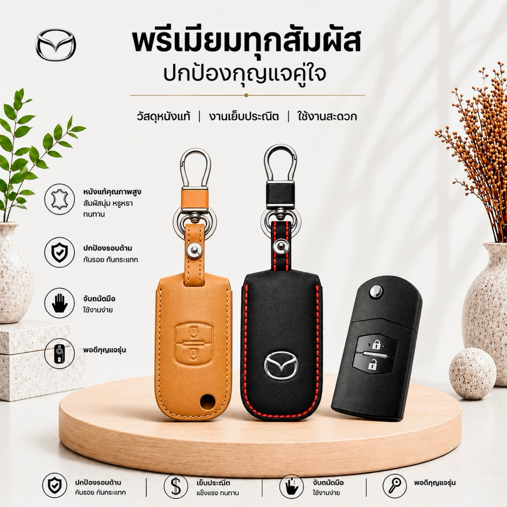 ซองหนังแท้ ใส่กุญแจรีโมทรถยนต์ รุ่นโลโก้เหล็ก Mazda 2,3 พับข้าง รุ่น 2 ปุ่ม