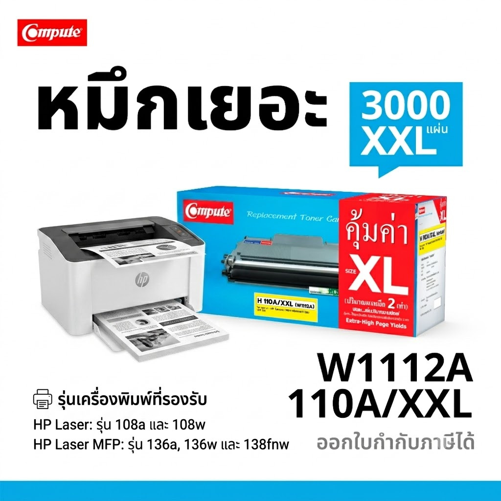 COMPUTE หมึกปริ้น HP 136w / MFP​ 136a ตลับ HP​ 110A​ 110X W1112​A​ HP​110A​ 1112A หมึกดำเข้ม คมชัด
