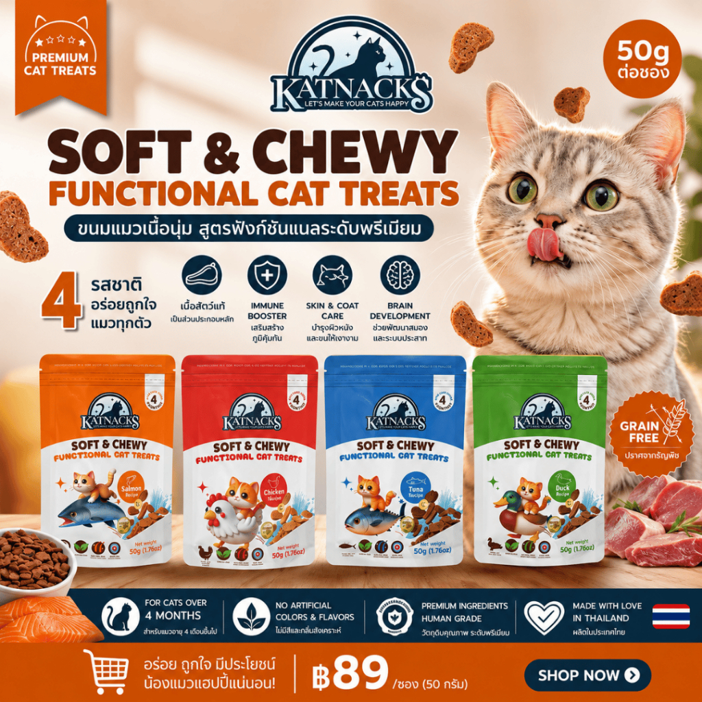 KATNACKS SOFT & CHEWY FUNCTIONAL CAT TREATS ขนมแมวเนื้อนุ่มสูตรฟังก์ชันแนลระดับพรีเมียม!