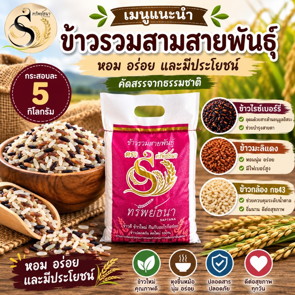ข้าวรวมสามสายพันธุ์ กระสอบ 5 kg. เต็มอิ่ม จุใจ เหมาะสำหรับตุนหรือใช้ประจำ ตราทรัพย์ธนา