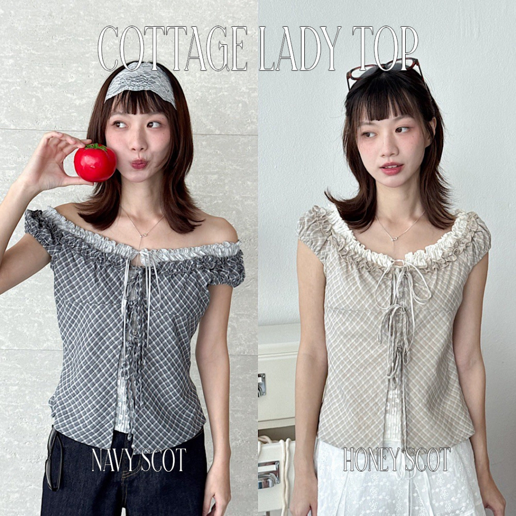 Choosedress A4683 Cottage Lady Top เสื้อปาดไหล่ลายสก็อต มีเชือกผูกด้านหน้า