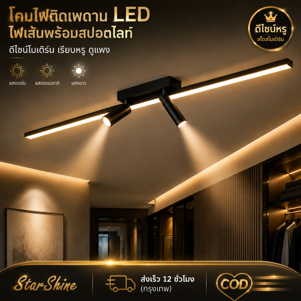 ไฟติดเพดาน LED ไฟเส้นพร้อมสปอตไลท์ ปรับได้ 3 สี โมเดิร์น สำหรับทางเดิน ร้านค้า ห้องแต่งตัว