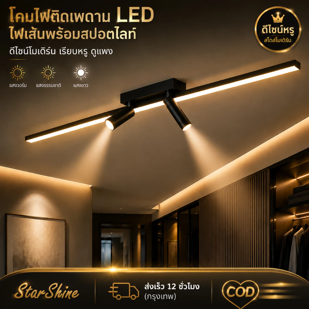 ไฟติดเพดาน LED ไฟเส้นพร้อมสปอตไลท์ ปรับได้ 3 สี โมเดิร์น สำหรับทางเดิน ร้านค้า ห้องแต่งตัว