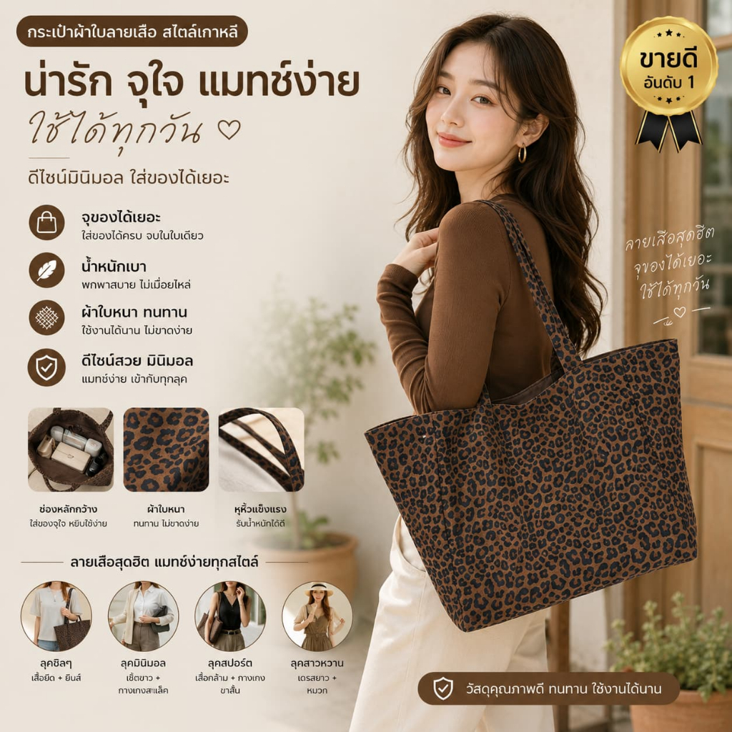 กระเป๋าโท้ทผ้าแคนวาสสำหรับผู้หญิง สไตล์ลำลอง ความจุขนาดใหญ่ ลายเสือดาว เหมาะสำหรับใช้ในชีวิตประจำวัน