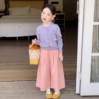 PRINCESS KESLI กางเกงขากว้างเด็ก กางเกงเด็กผู้หญิง งเด็กผู้หญิงเอวยางยืดกางเกงฤดูร้อนระบายอากาศสําหรับเด็ก 2-12 ปี