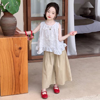 PRINCESS KESLI กางเกงขากว้างเด็ก กางเกงเด็กผู้หญิง งเด็กผู้หญิงเอวยางยืดกางเกงฤดูร้อนระบายอากาศสําหรับเด็ก 2-12 ปี