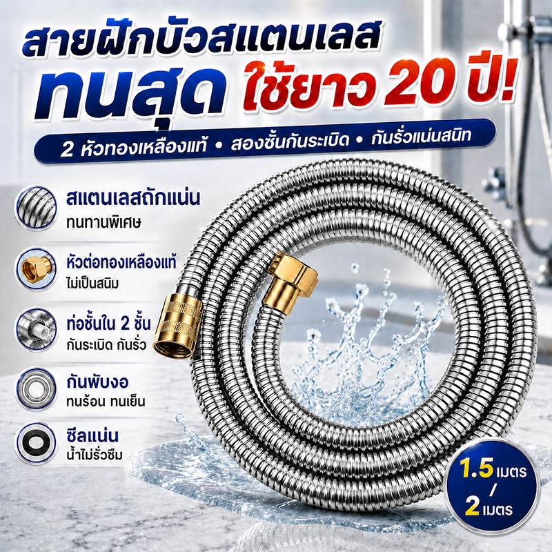 🔥อายุการใช้งานสูงสุด 30 ปี🔥สายฝักบัว อาบนํ้า 304 แท้ 1.5-2 เมตร สายฝักบัวแรงดันสูง กันระเบิดกันรั่ว แข็งแรงทนนาน
