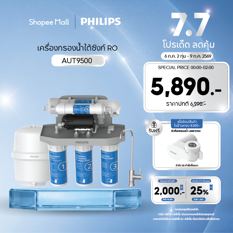 Philipswater AUT9500 / AUT9510 เครื่องกรองน้ำดื่มใต้อ่างล้างจาน กรองแบบ 5 ขั้นตอน ระบบการกรอง RO Reverse Osmosis