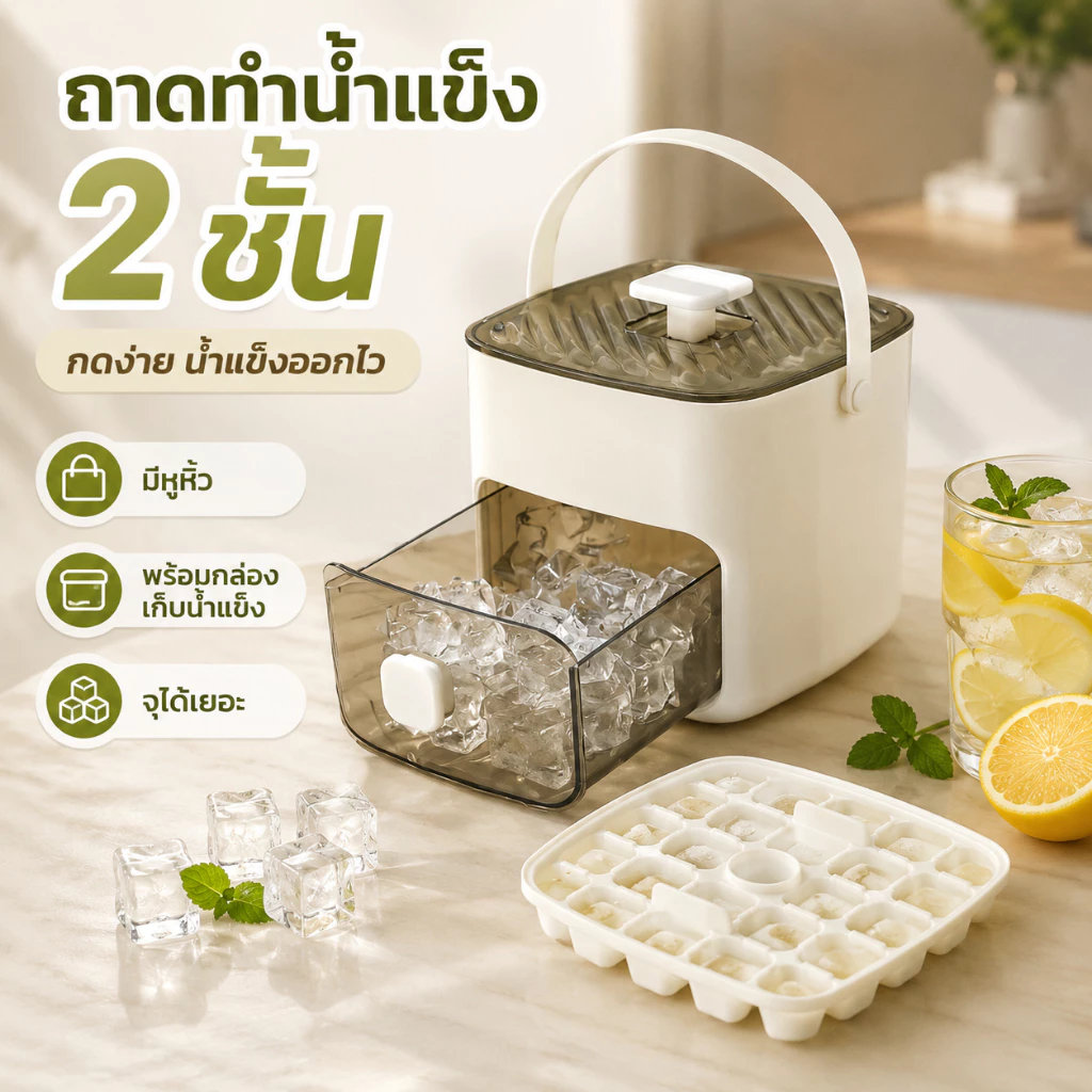 ถาดทำน้ำแข็ง แบบกด 2 ชั้น แกะน้ำแข็งง่าย พร้อมกล่องเก็บน้ำแข็ง มีฝาปิด ใช้สำหรับเครื่องดื่ม