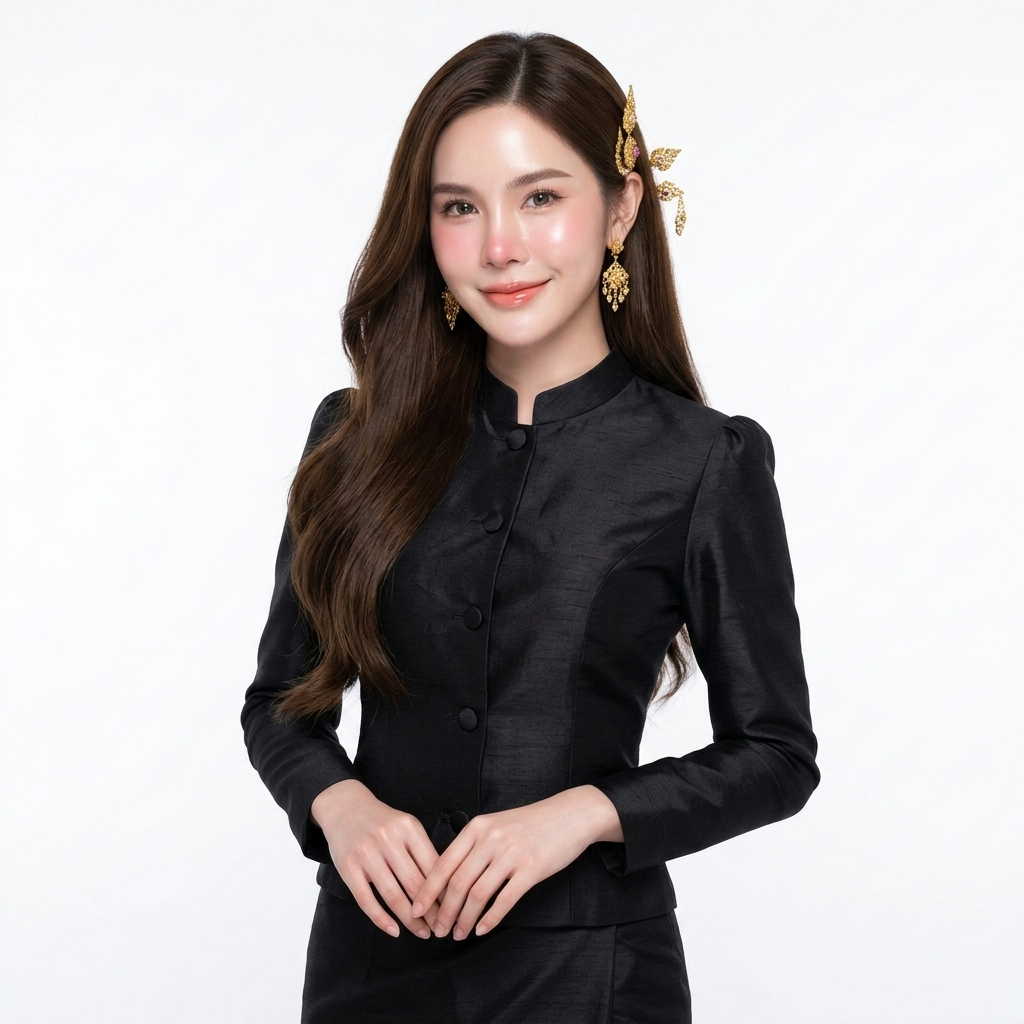 เสื้อจิตลดาผ้าไหมสี่เส้น สีดำ คอจีนแขนยาว เสื้อทำงาน เสื้อชุดไทยประยุกต์ ชุดไทยสุภาพ เสื้อไซส์ใหญ่ อก34-46นิ้ว [M5]