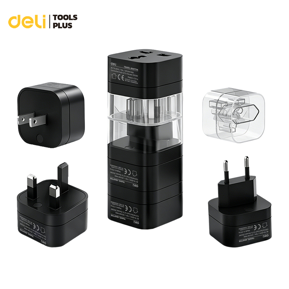 Deli เซทปลั๊กแปลง 3 ชิ้น อแดปเตอร์แปลงขาปลั๊ก พกพาสะดวก EU US UK กำลังไฟ10A 2500W Universal Adapter