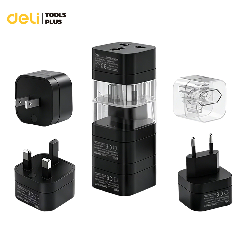 Deli เซทปลั๊กแปลง 3 ชิ้น อแดปเตอร์แปลงขาปลั๊ก พกพาสะดวก EU US UK กำลังไฟ10A 2500W Universal Adapter