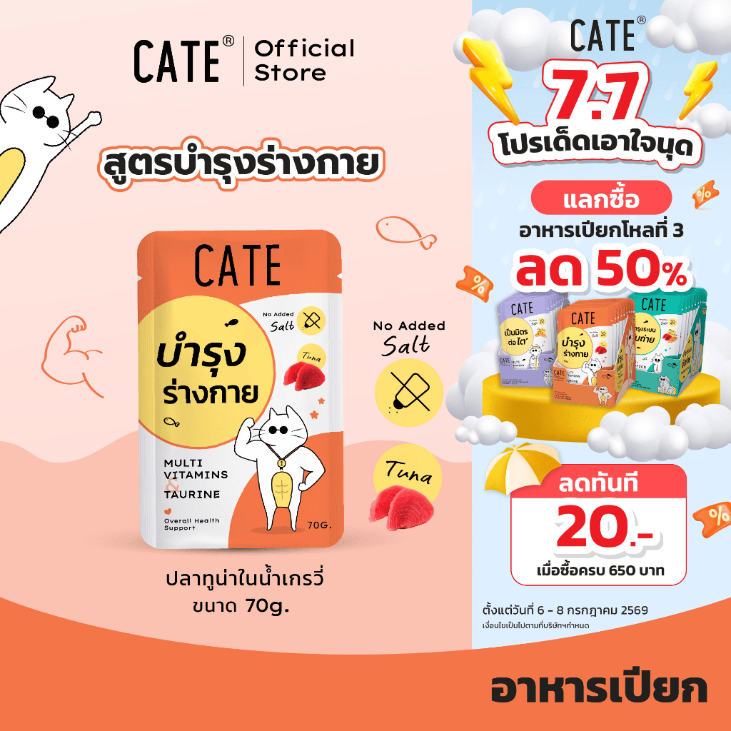 ยกโหล (12 ซอง) CATE เคท อาหารเปียกแมว สูตรบำรุงร่างกายและสายตา 70 g. Multivitamins Taurine และ Omega-3