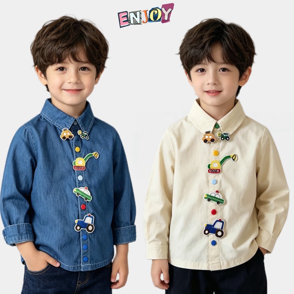 BB353  เสื้อเชิ้ตแขนยาวคอปกเด็กผู้ชาย ตกแต่งลายปักรถยนต์ รถขุด รถตำรวจ มี 2 สี สีครีม/สีน้ำเงิน ผ้านุ่มอายุ 2-10 ปี