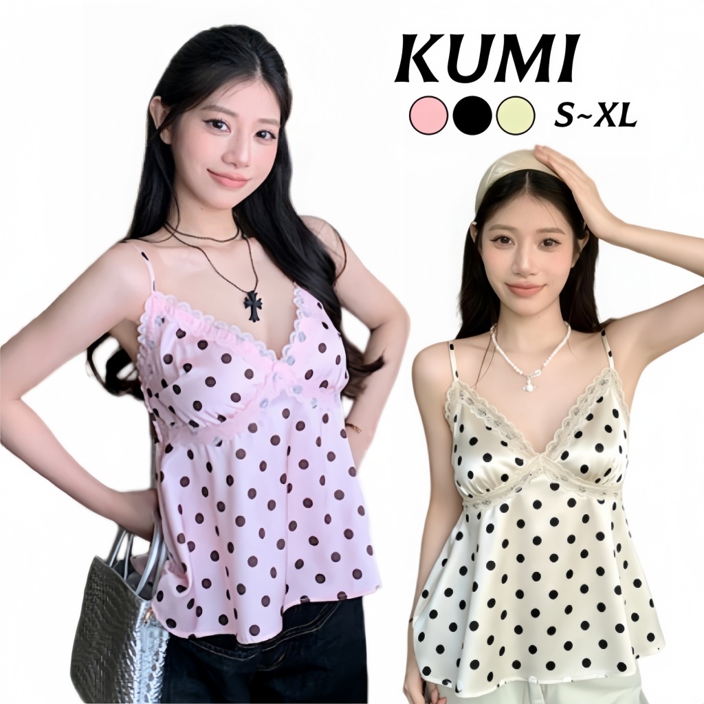 KUMI พร้อมส่ง🍒 สไตล์เกิร์ลลี่ เสื้อแขนกุดคอโบว์ ลายจุดขาวดำ ไว้หลังเปิด ผ้านุ่มระบายอากาศ เหมาะเที่ยวทุกที่