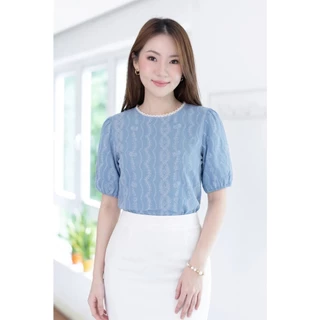 Narinari : MT7750 Lace Trim Floral Print Blouse