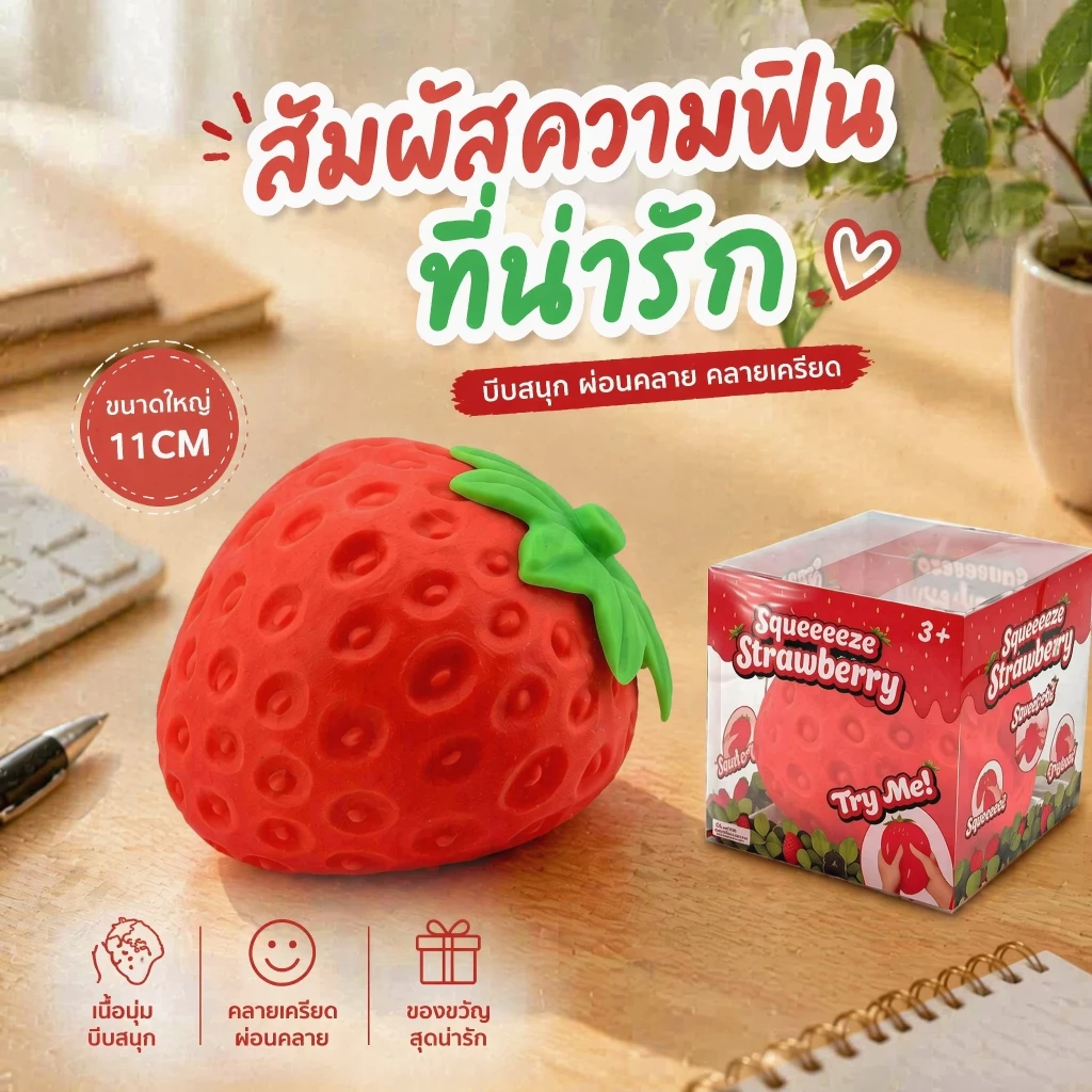 ของเล่นบีบคลายเครียด สกุชชี่ผลไม้ สตรอว์เบอร์รี่ยักษ์ 11cm นุ่มเด้ง กลิ่นหอม ของเล่นเด็ก ของเล่นน่ารัก